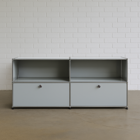 USM Haller Sideboard 2x2 light gray with two drawers and hanging file compartments against white brick wall