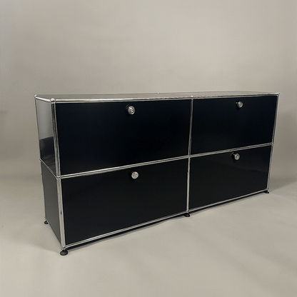 USM Haller Sideboard 2x2 in graphite black with four flap doors and chrome frame