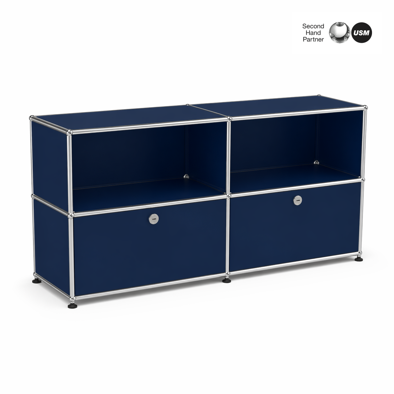 USM Haller Sideboard 2x2 in stahlblau mit 2 offenen Fächern und 2 Klappen, Chromgestell.