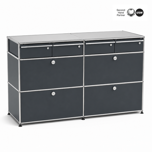 USM Haller Sideboard 2x3 anthrazit mit 4 Klappen und 4 abschließbaren Schubladen.