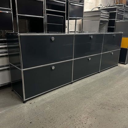 USM Haller Sideboard 3x2 Fächer anthrazitgrau mit Klappen und Schubladen, modernes Metall-Design, 228x74x38 cm