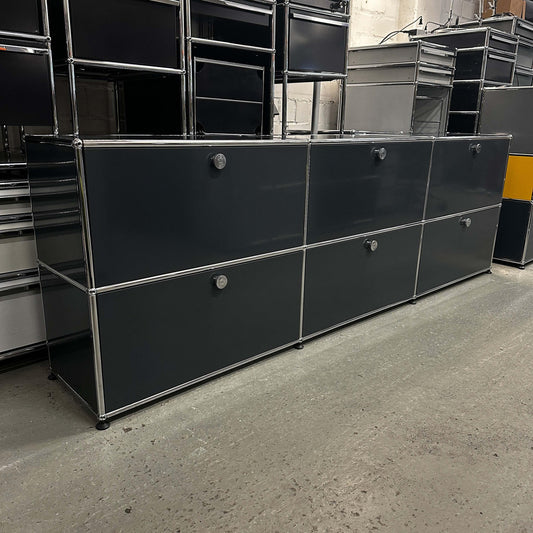 USM Haller Sideboard 3x2 Fächer anthrazitgrau mit Klappen und Schubladen, modernes Metall-Design, 228x74x38 cm