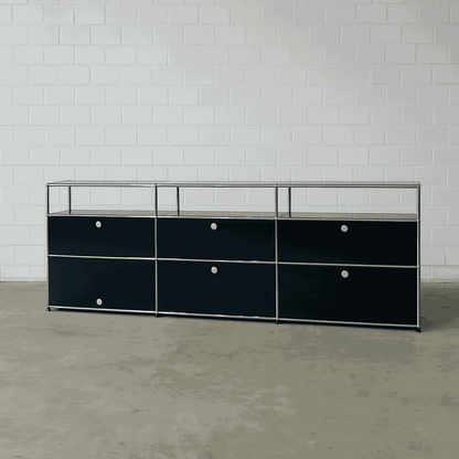 USM Haller Sideboard 3x3 graphitschwarz mit 5 Klappen und 1 Einschubtür, Maße 228x82x38 cm, Softclose, moderner Zustand