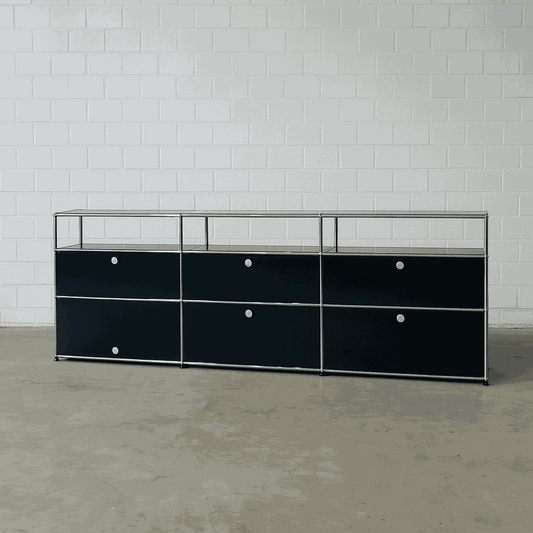 USM Haller Sideboard 3x3 graphitschwarz mit 5 Klappen und 1 Einschubtür, Maße 228x82x38 cm, Softclose, moderner Zustand