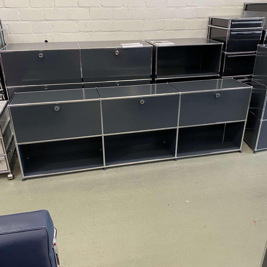 USM Haller anthracite sideboard with 2x3 compartments and 3 flap doors, measuring 227x37x74 cm