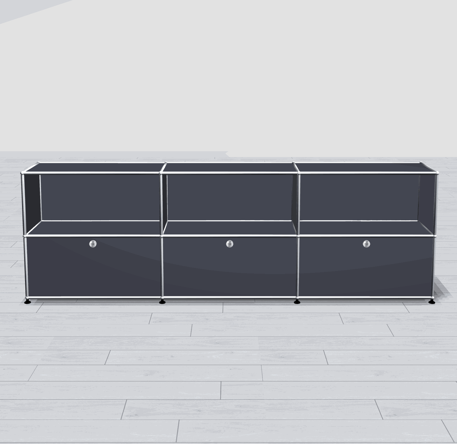 USM Haller Sideboard anthrazit mit 3 Schubladen unten und 3 offenen Fächern oben, 228x74x38 cm.