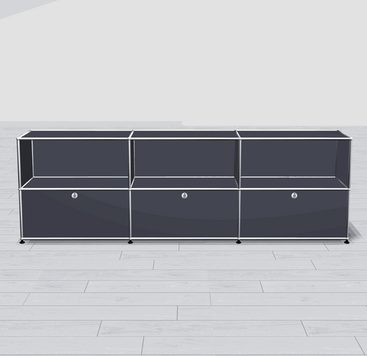 USM Haller Sideboard anthrazit mit 3 Schubladen unten und 3 offenen Fächern oben, 228x74x38 cm.