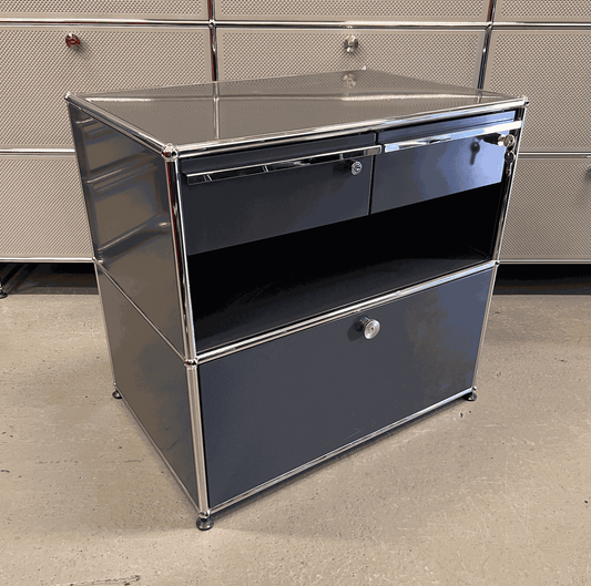USM Haller Sideboard anthracite with chrome frame, one pull-out drawer and two upper drawers, modern storage unit.