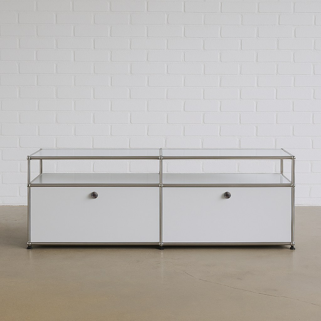 USM Haller Sideboard in light gray with two flap doors and open upper shelf, metal frame and minimalist design