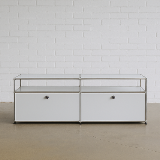 USM Haller Sideboard in light gray with two flap doors and open upper shelf, metal frame and minimalist design