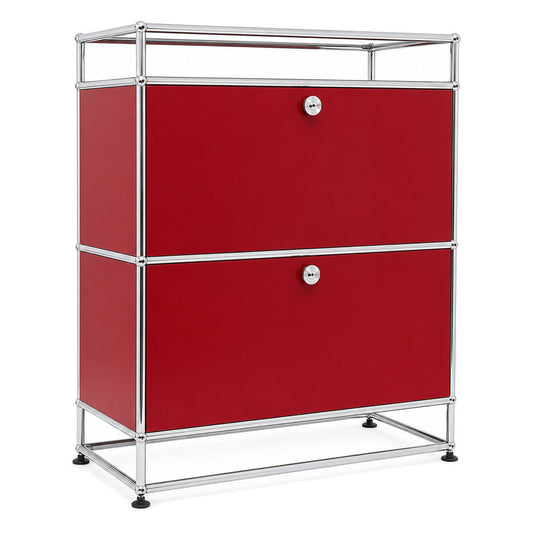 Rubinrotes USM Haller Sideboard mit zwei Klappen, Chromrahmen und Glasaufsatz, 95x75x38 cm.