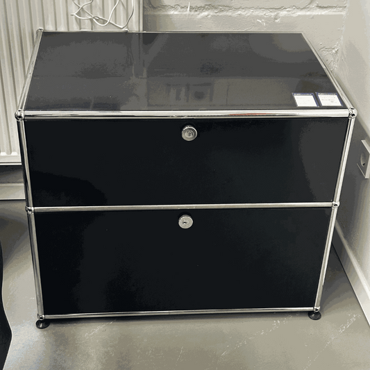 Black USM Haller Sideboard with two compartments and chrome frame, 76.5x64.5x51.5 cm.