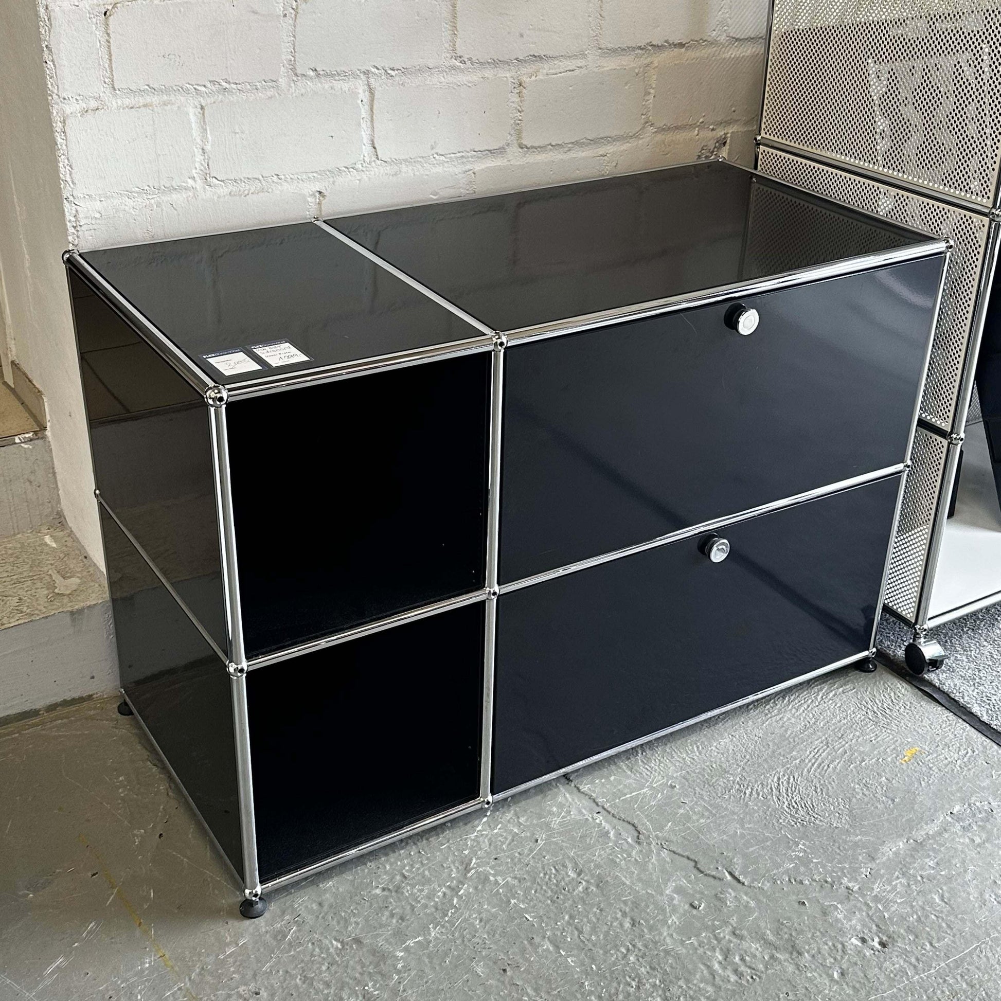 Black USM Haller Sideboard with chrome frame and two drawers, 112.3x74x52.3cm size