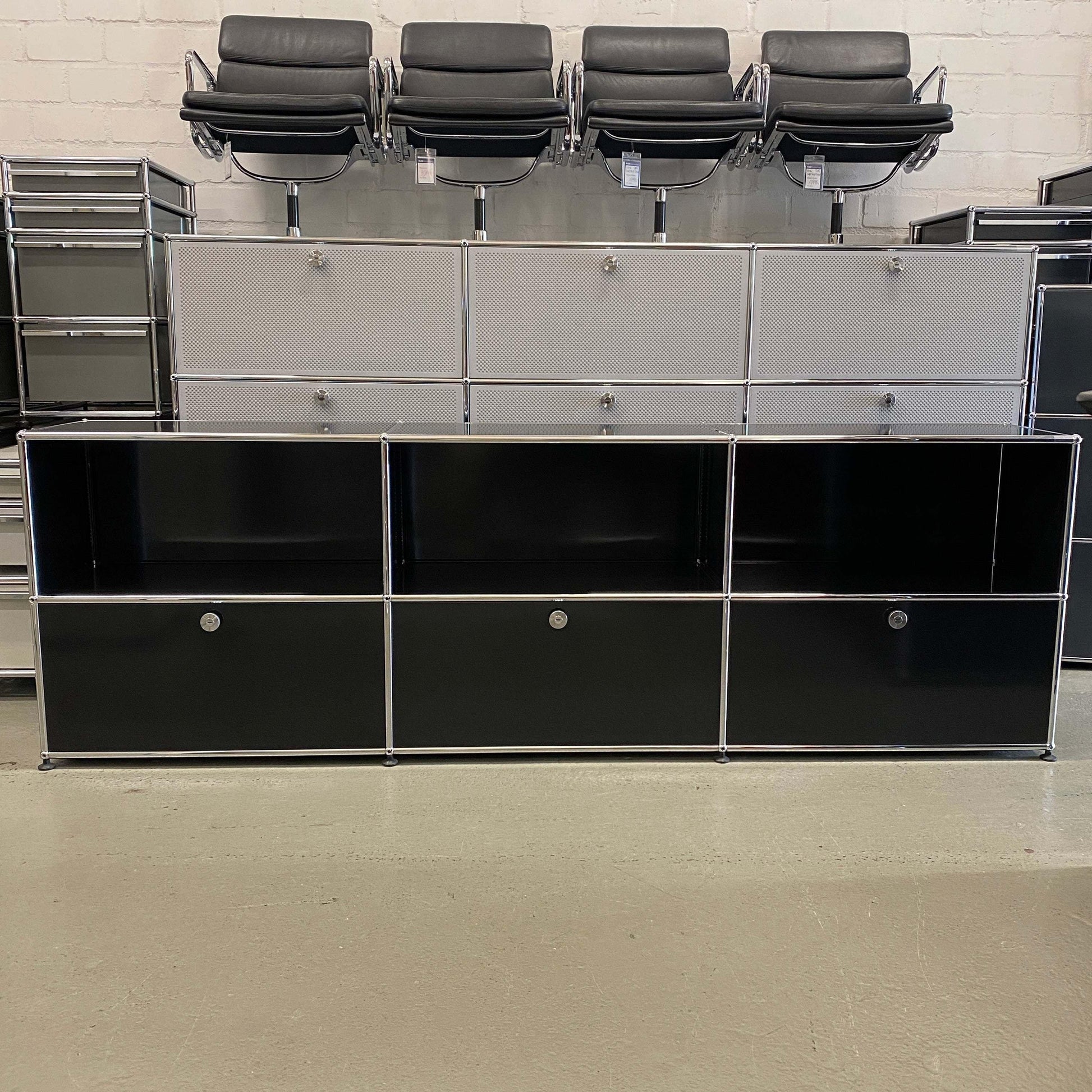 USM Haller black sideboard with three flap doors and open shelves, modern design, 228x74x38cm