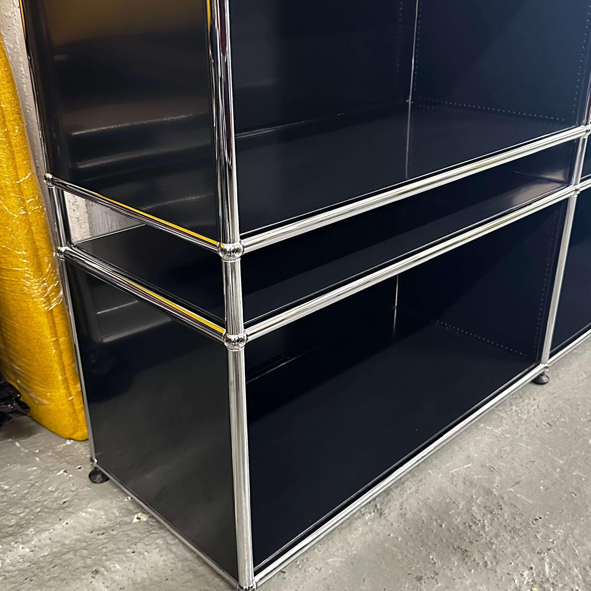 Black USM Haller Sideboard with 6 open compartments and chrome frame, 152x84x37cm
