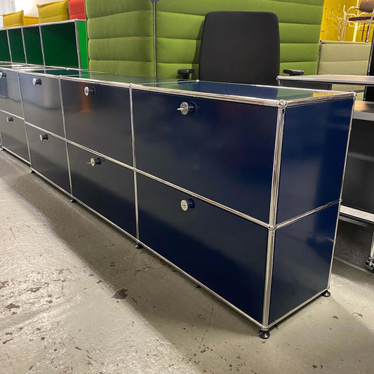 USM Haller Sideboard in steel blue with 6 flap doors and metal frame, dimensions 228x74x38cm