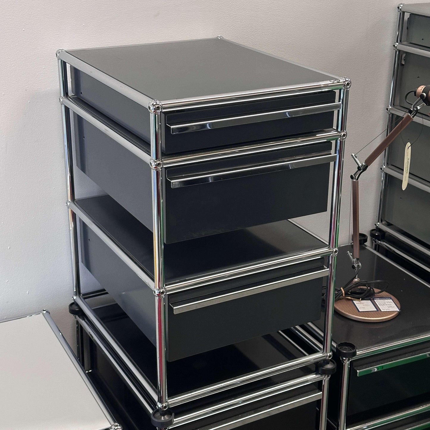 USM Haller Standcontainer anthracite gray with three drawers and chrome frame