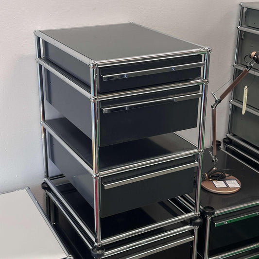 USM Haller Standcontainer anthracite gray with three drawers and chrome frame