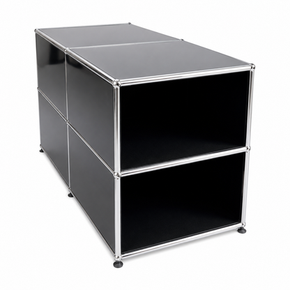 USM Haller Standcontainer in Graphitschwarz, doppelseitig, mit offenen Fächern und Chromrahmen.