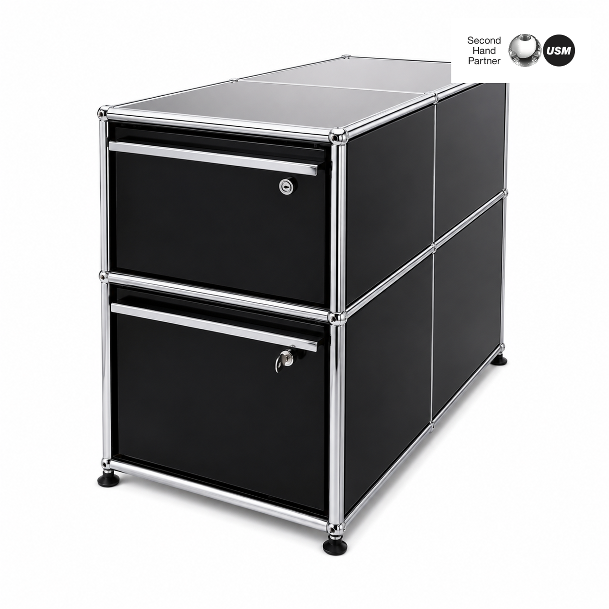 USM Haller Standcontainer in graphitschwarz, doppelseitig, mit zwei abschließbaren Auszügen.