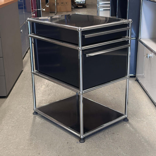 USM Haller Standcontainer schwarz mit zwei Schubladen und Chromrahmen, 67 x 41 x 52 cm, moderner Büroschrank