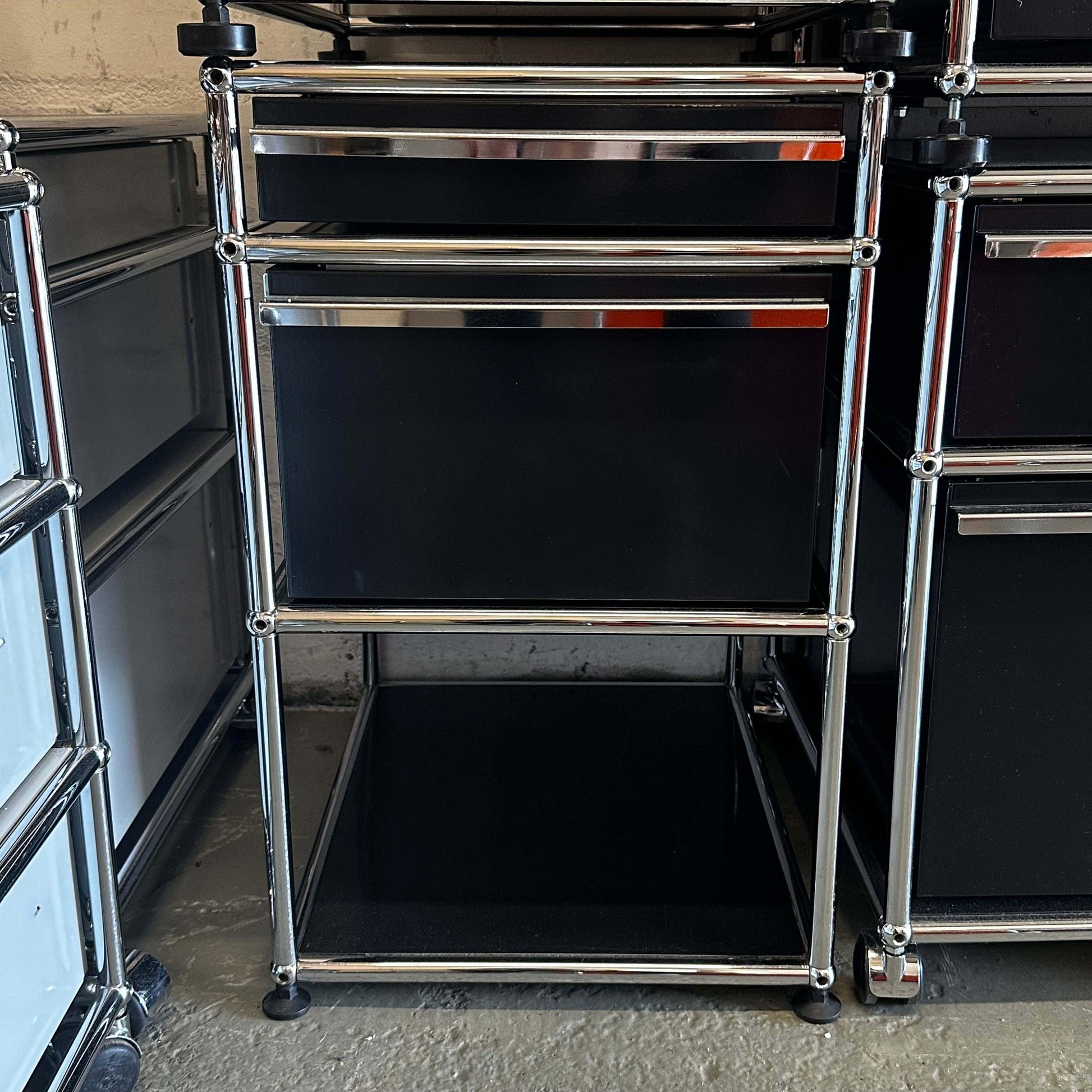 USM Haller Standcontainer black with 2 drawers and chrome frame
