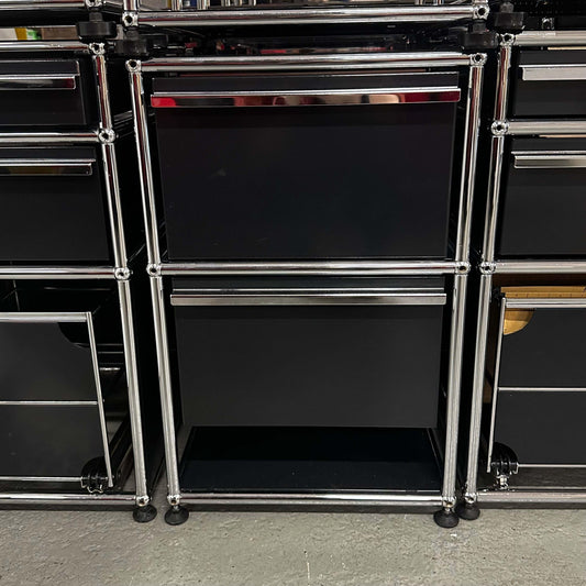 USM Haller black stand container with two drawers and chrome frame