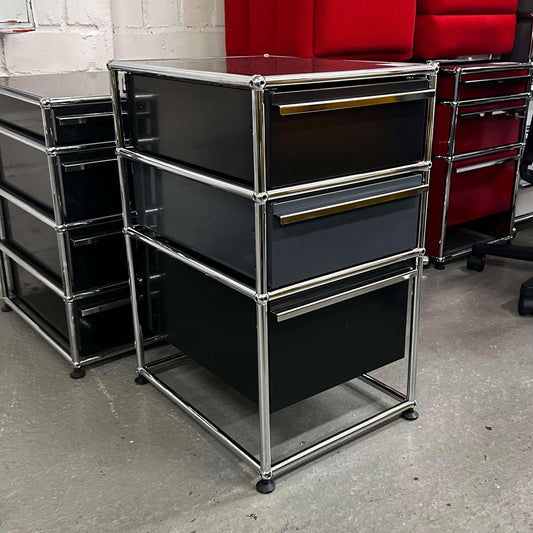 USM Haller black and anthracite three-drawer stand container with chrome frame