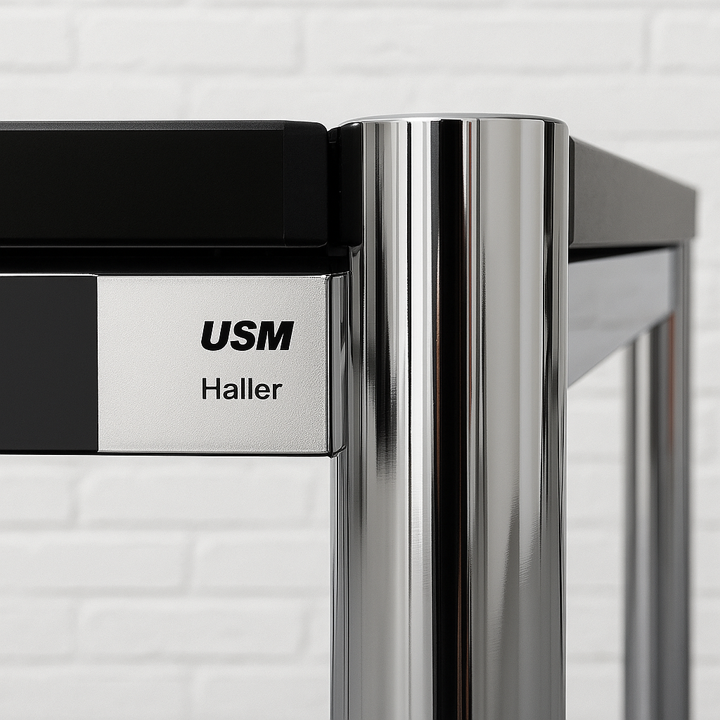 USM Haller Advanced Tisch 150x75cm perlgrau/weiß mit verchromtem Stahlgestell und Logo.