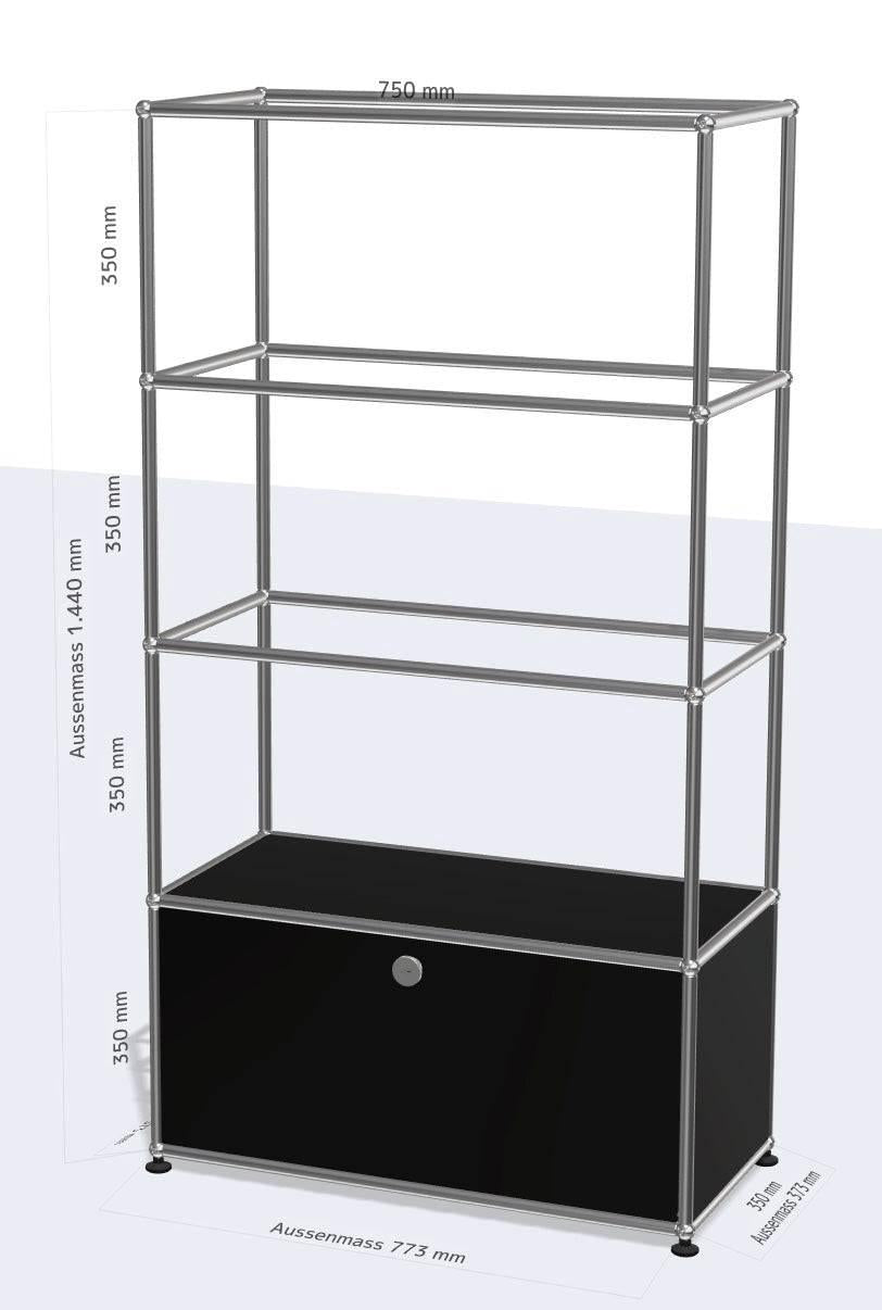 USM Haller Vitrine black display cabinet with glass shelves and front flap door
