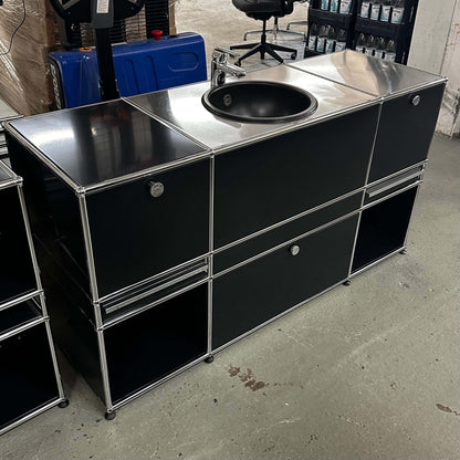 USM Haller Waschtisch black and stainless steel washbasin with 3 flaps, 2 drawers, and 2 open compartments, 156x84x52cm