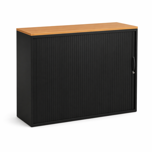Usta Metall Sideboard 2OH schwarz mit Holzplatte, Rolladentür und Schloss.