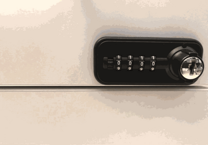 Close-up of white VS Rollcontainer with a black combination lock, dimensions 45x50x76cm.