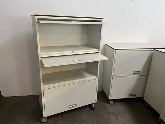 Vario M1 Highboard in white and light gray with multiple shelves and compartments on wheels