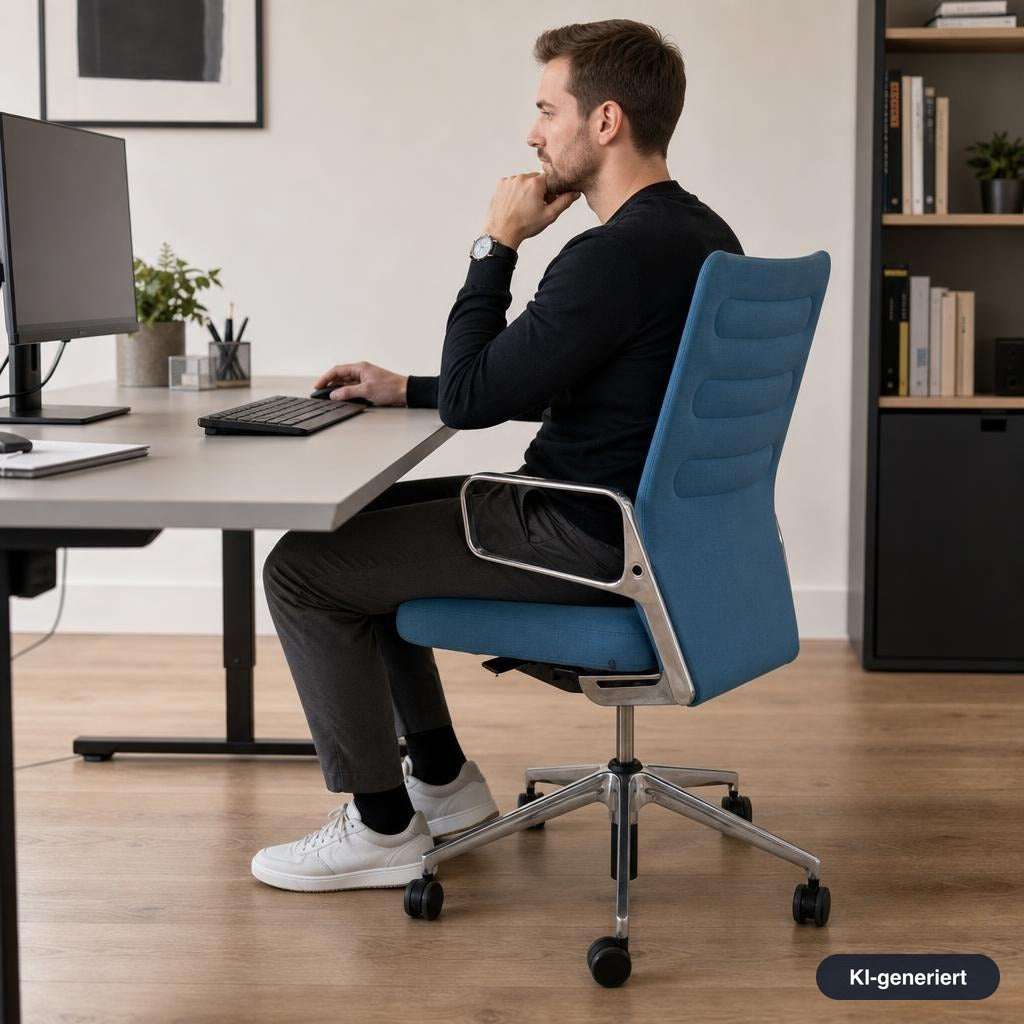 Vitra AC 4 Bürostuhl in Blau mit poliertem Aluminium-Fußkreuz an einem modernen Schreibtisch.