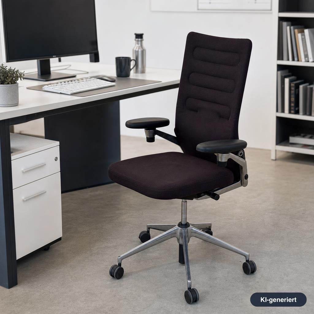 Vitra AC4 Bürostuhl mit schwarzem Stoffbezug, verstellbaren Armlehnen und poliertem Aluminium-Fußkreuz in einem modernen Büro.