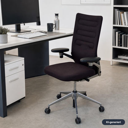 Vitra AC4 Bürostuhl mit schwarzem Stoffbezug, verstellbaren Armlehnen und poliertem Aluminium-Fußkreuz in einem modernen Büro.