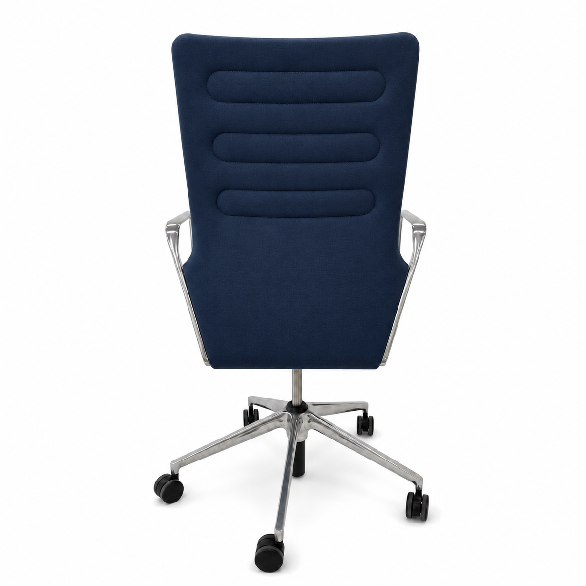Vitra AC4 Bürostuhl in Dunkelblau mit gepolsterter Rückenlehne, poliertem Aluminium-Fußkreuz und Metallarmlehnen.