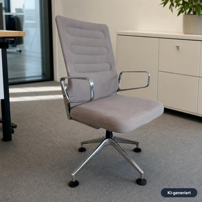 Vitra AC4 Bürostuhl in Beige mit Stoffbezug, poliertem Aluminium-Fußkreuz und Armlehnen in einem modernen Büro.