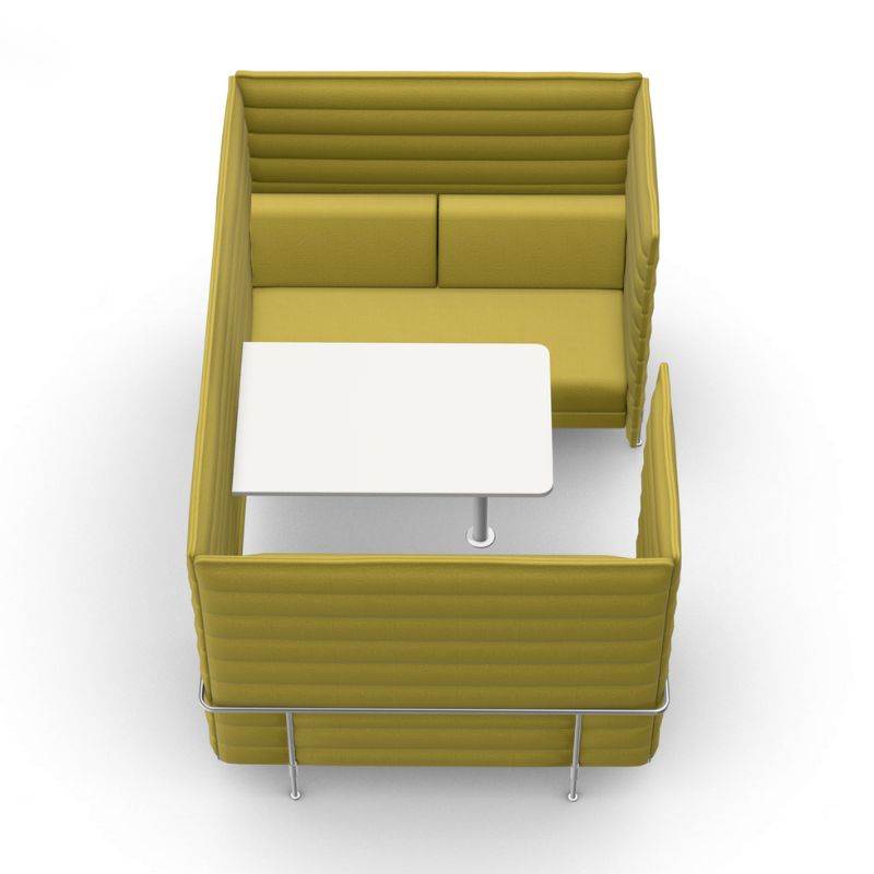 Vitra Alcove Cabin 2-Sitzer Highback in grün Avocado mit gepolsterten Seitenpaneelen und integriertem Tisch für akustische Dämpfung und Komfort