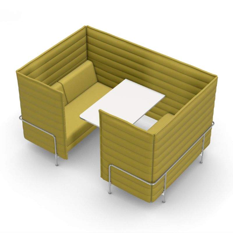 Vitra Alcove Cabin 2-Sitzer Highback Sofa in grün Avocado mit Arbeitsplatte und gepolsterten Seitenwänden.
