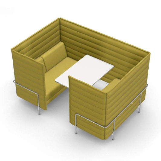 Vitra Alcove Cabin 2-Sitzer Highback Sofa in grün Avocado mit Arbeitsplatte und gepolsterten Seitenwänden.