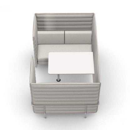 hellgraue Vitra Alcove Cabin 2-Sitzer Highback mit gepolsterten Seitenwänden und weißer Arbeitsplatte