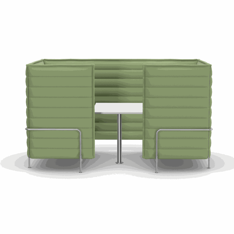 Vitra Alcove Cabin 2-Sitzer Highback in hellgrün mit gepolsterten Seitenwänden und Arbeitsplatte für Büronutzung