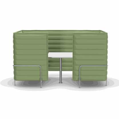 Vitra Alcove Cabin 2-Sitzer Highback in hellgrün mit gepolsterten Seitenwänden und Arbeitsplatte für Büronutzung