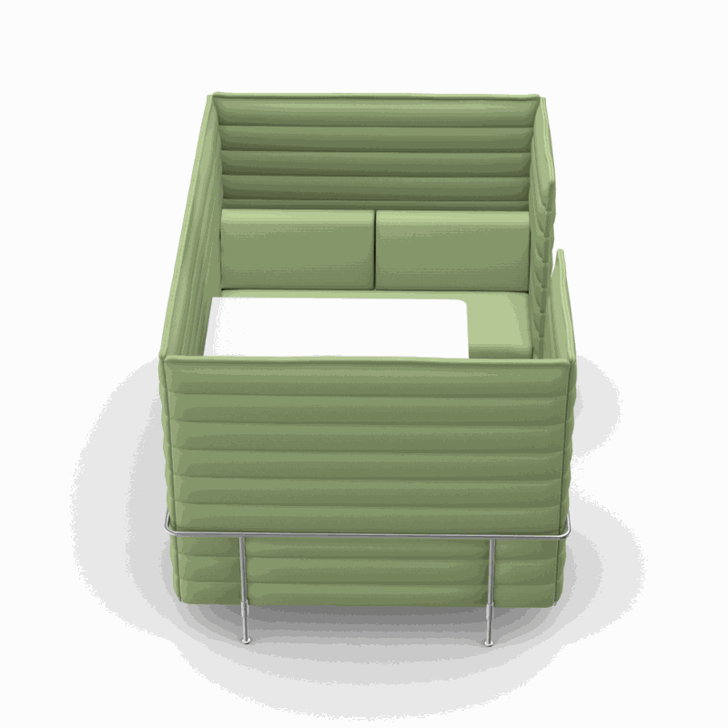Vitra Alcove Cabin 2-Sitzer Highback Sofa in hellgrün mit Arbeitsplatte und gepolsterten akustischen Seitenpaneelen für Büroumgebung