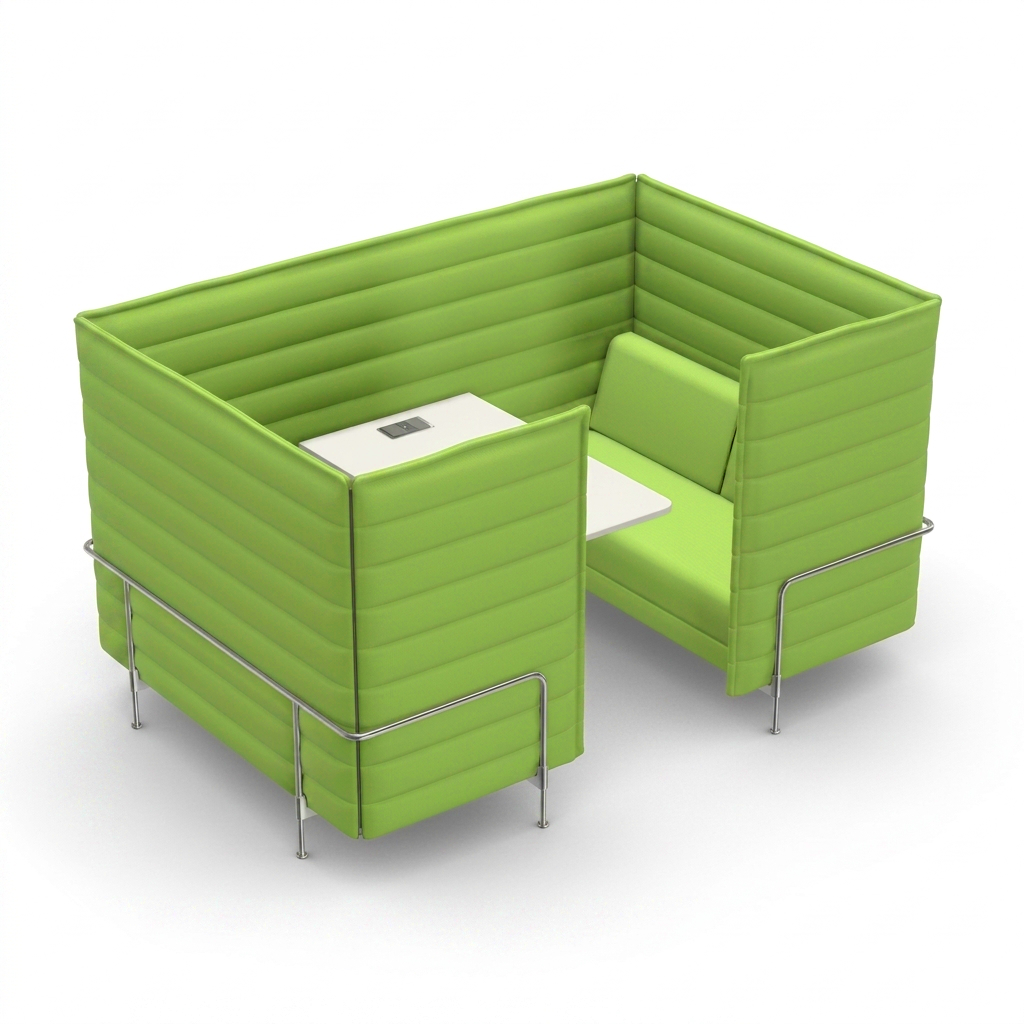 Vitra Alcove Cabin 4-Sitzer Highback Sofa in hellgrünem Stoff mit integrierter Arbeitsplatte und Chromgestell.