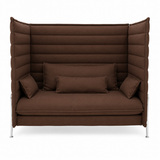 Vitra Alcove Highback 2-Sitzer Sofa in braunem Stoff mit hohem Rückenpaneel und verchromtem Stahlrohrgestell.