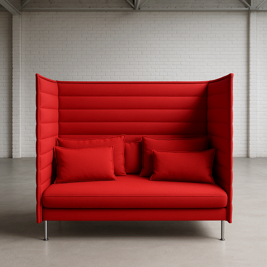 Vitra Alcove Highback 2-Sitzer Sofa rot mit gepolsterten Seiten- und Rückenpaneelen, Stoffbezug Laser rot, modernes Lounge-Design, Stahlrohrgestell chrom.