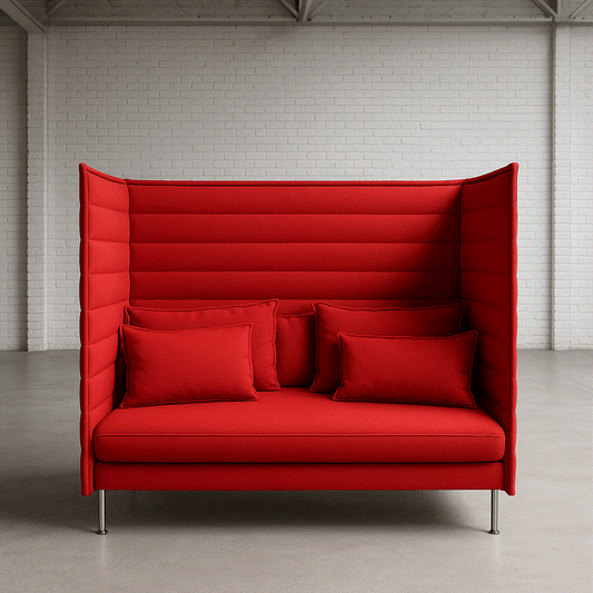 Vitra Alcove Highback 2-Sitzer Sofa rot mit gepolsterten Seiten- und Rückenpaneelen, Stoffbezug Laser rot, modernes Lounge-Design, Stahlrohrgestell chrom.